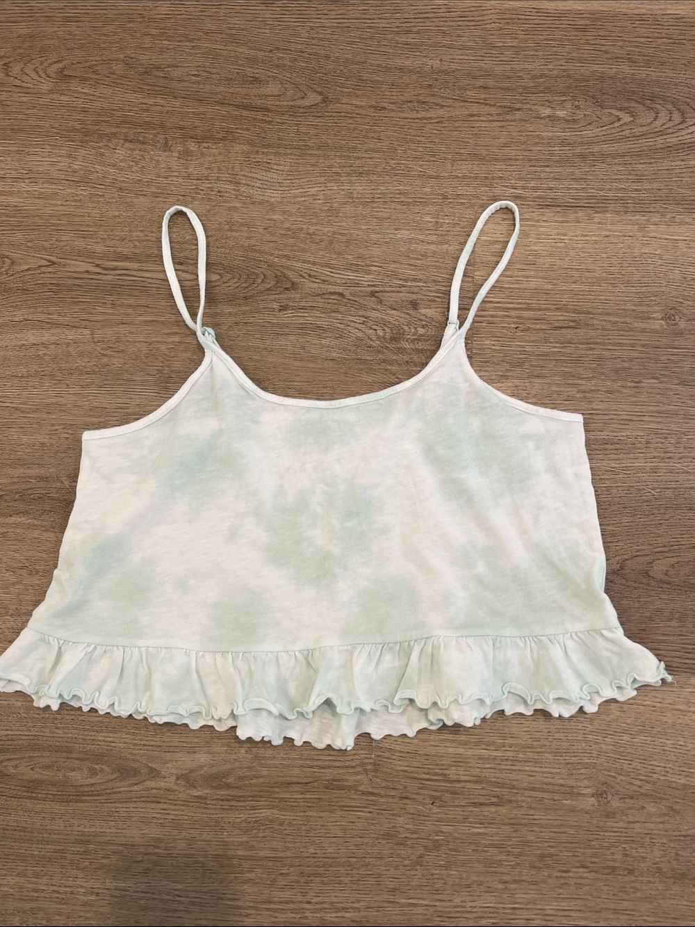 American Eagle Outfitters White & Pale Green Ruffle-Hem Tie-Dye Camisole